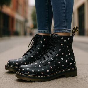 Dr. Martens 1460 Pascal Boots Wild Hearts Womens US 8 Black Leather Pink 8 Eye